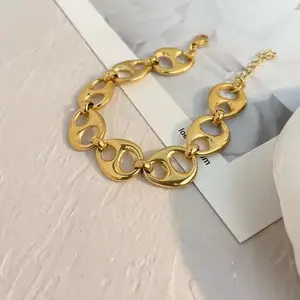 New Fashion Jewelry 18k Gold Plated Stainless Steel Jewelry Chunky Pig Nose Buckle Coffee Bean Chain O-shaped Dot Bracelet 2024