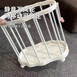 Portable Plastic Laundry Basket With Wheels Round Creamy Style Standing Type Clothing Organizer For Home Yoga Mat Storage - Product Image 1