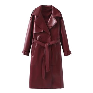 Cappotto <span class=keywords><strong>Trench</strong></span> Classico da <span class=keywords><strong>Donna</strong></span> in <span class=keywords><strong>Ecopelle</strong></span> di Media Lunghezza con Colletto Rovesciato Tinta Unita - Product Image 4