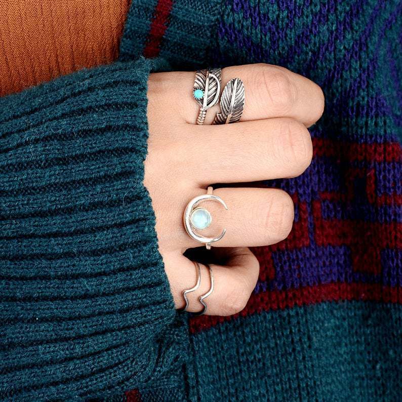 925 Sterling Silver Turquoise Feather Ring Adjtable Thumb Vintage Jewelry Gifts For Women