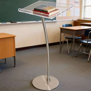 แท่นยืนพูดในโบสถ์แบบตั้งพื้น น้ำหนักเบา ทำจากกระจกขัดเงา ถอดประกอบได้ พร้อมชั้นวางโลหะ ดีไซน์ทันสมัย - Product Image 3