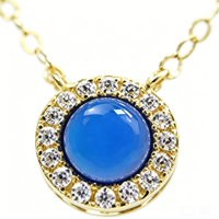 Collar con Colgante de Calcedonia Azul Halo en Oro Sólido de 18K PCX, Cadena Delicada con Eslabones Ovalados, Piedra de Nacimiento de Ágata, Joyería Fina, Regalo para Mujer