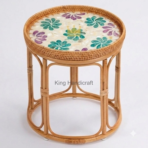 Eco-Friendly Handmade <b>Round</b> Rattan Coffee <b>Table</b> Mother of Pearl Inlay Modern Minimalist <b>Bedside</b> End <b>Table</b> for Living Room - Product Image 1