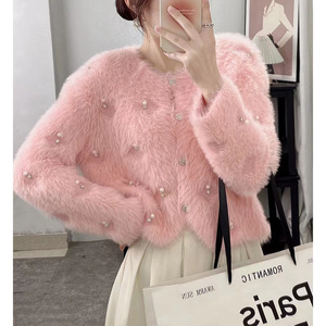 Cardigã Feminino de Tricô Elegante com Manga Comprida, Estilo Pequena Fragrância, Mohair e Strass, Novo para Atacado de Moda Inverno - Product Image 2