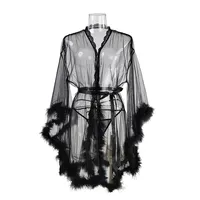 Nouvelle Robe de Nuit Transparente en Maille avec Manches en Fourrure, Couleur Unie Sexy et Respirante