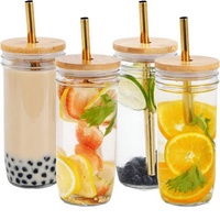 Gobelet esthétique en verre transparent avec poignée et couvercle en bambou, tasse réutilisable avec paille pour café glacé et boissons aux fruits