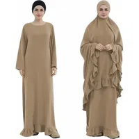 2PCS Gaun Abaya Muslim Wanita dengan Ruffle Trim dan Kantong Samping beserta Khimar
