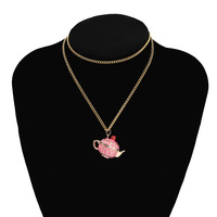Nouveau collier pendentif ouvrable en émail théière rose |   Pendentif tasse de thé à longue chaîne pour femme, bijoux de mode, vente en gros, cadeau en stock