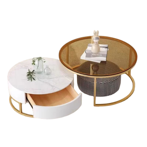 Mesa de Centro Redonda Moderna, Juego de 2 Mesas de Centro Redondas de Mármol con Marco Dorado <span class=keywords><strong>y</strong></span> Vidrio Templado para Sala de Estar - Product Image 6