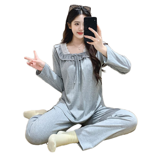 Pyjama long à manches longues style princesse douce, taille élastique, avec dentelle coréenne, chemise de nuit décontractée et minimaliste pour la maison – Collection Hiver, Printemps, Automne - Product Image 1