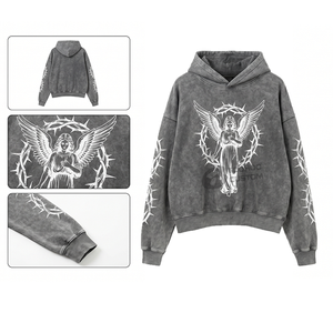 Sudadera con capucha de algodón de 450 g/m² de alto gramaje para hombre, estilo urbano, corte holgado, vintage, con estampado por descarga y lavado a la piedra, forro polar liso, OEM - Product Image 4