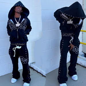 Fabricant OEM – Ensemble survêtement Y2K personnalisé avec <span class=keywords><strong>pantalon</strong></span> baggy à double taille et coupe évasée, et sweat à capuche orné de strass - Product Image 1