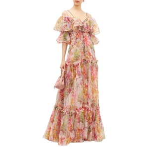 Été Nouveau Style femmes Robe Mode Licou Plissée À Volants à Imprimé Floral En soie Organza Robe - Product Image 1