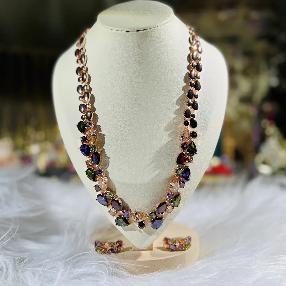 Luxury Vintage Fashion Bridal Small Jewelry Set Cubic Zirconia Rose Gold Plated Multi Colorful Jewelry Sets Party Jewelry Women