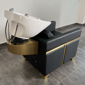 Fauteuil de lavage semi-inclinable en acier inoxydable doré pour salon de coiffure, réglable avec repose-pieds pour barbier - Product Image 3