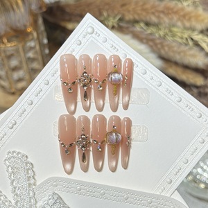 10 <span class=keywords><strong>Uñas</strong></span> Postizas Color Nude con Diseño de Ojo de Gato y Circonitas, Hechas a Mano, Forma Almendrada, para Salón, Manicura DIY, Etiquetas Personalizadas - Product Image 6