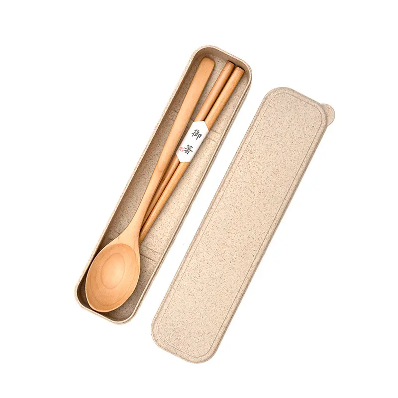 Biodegradable Bamboo Wood Flatware Set Wheat Straw case Chopsticks Spoon Travel Utensils Reusable Portable Wooden Cutlery set