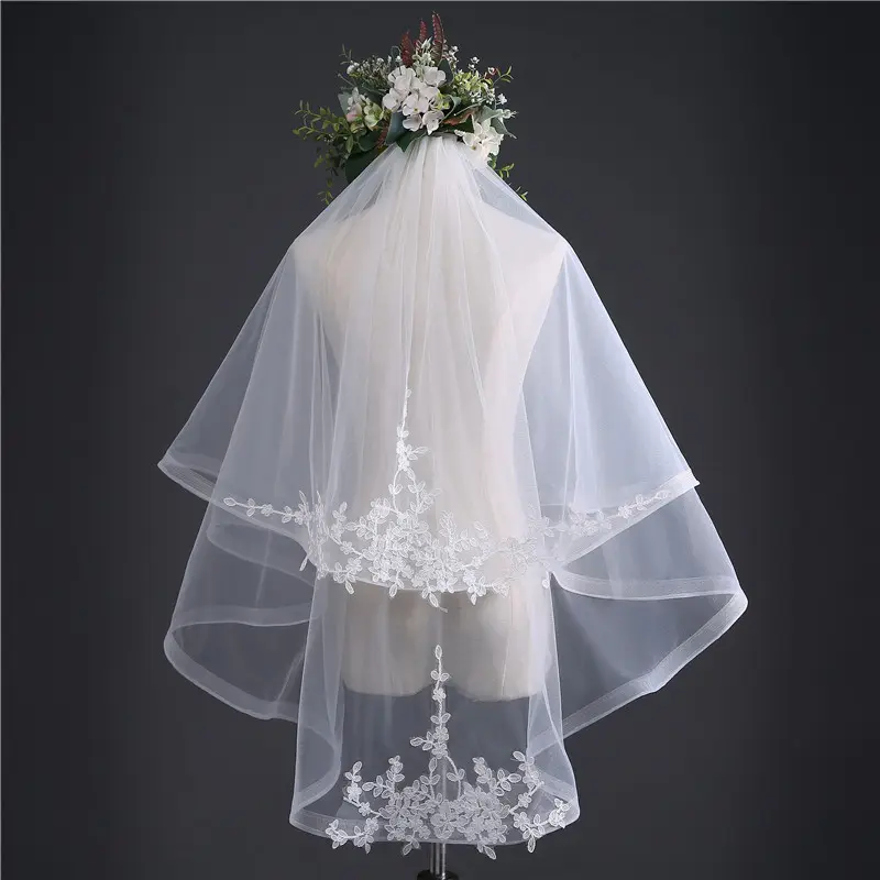 S5518F High-quality new double -layer short with hair combed exquisite silver silk lace veils wedding bridal