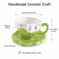 Ensemble tasse et soucoupe en céramique ondulée à motifs floraux peints à la main, 350 ml, vert, passe au lave-vaisselle et au micro-ondes, réutilisable, vaisselle de table pour le petit-déjeuner, cadeau
