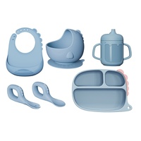 Ensemble d'alimentation pour bébé dinosaure de dessin animé, très populaire, assiette en silicone, bol, fourchette, cuillère et bavoir pour la diversification alimentaire des enfants
