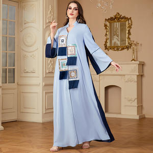 A-212 Dubaï Luxe Islamique Élégant Modeste Musulman Abaya <span class=keywords><strong>Kaftan</strong></span> Mode Épissage Motif Floral Bleu À Manches Longues Étage Longueur Maxi - Product Image 5
