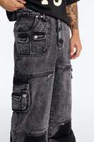 Jean cargo zippé convertible pour homme, coupe ample, denim délavé noir, style streetwear techwear, pantalon large, vente en gros, rétro