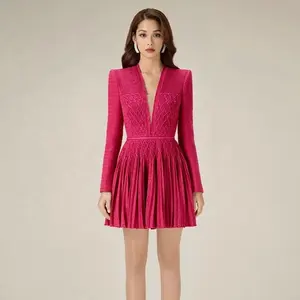 Bettergirlแฟชั่นขายร้อนคุณภาพสูงVคอแขนยาวสีแดงชุดเสื้อผ้าผู้หญิง 2023 Ruffle Elegantสั้นผู้หญิงชุด