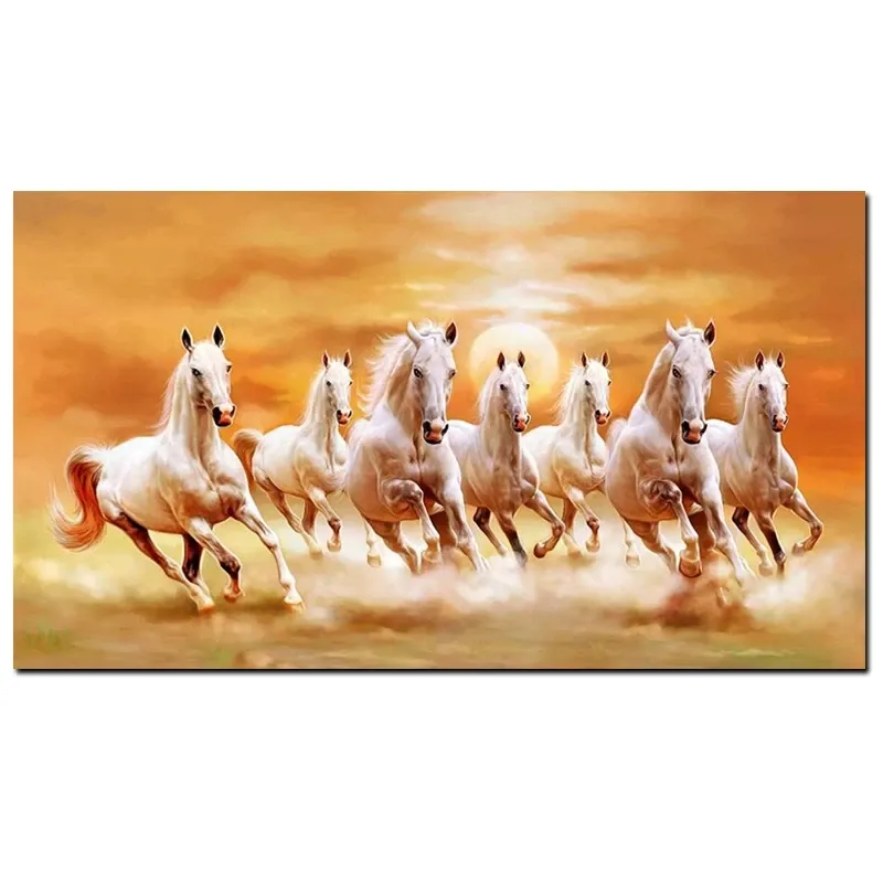 Modern Large 7 White Running Horses Handmade Canvas Wall Art Decor Oil Painting for Living Room
