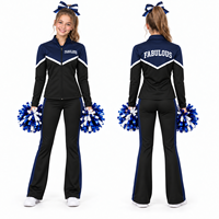 Ensemble d'entraînement de cheerleading anti-choc personnalisé bleu marine et noir, veste à fermeture éclair intégrale et pantalon évasé, imprimé inaltérable pour entraînement d'équipe