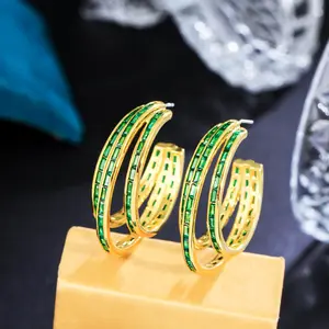 Mooie Creatieve Sieraden Meerlagige Groene Zirkonia Steen 18K Vergulde Grote Hoepel Oorbellen Voor Vrouwen Bruiloftskleding