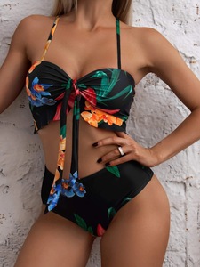 STOCK Custom Print Bandeau Top Bow Knots Front 3Pieces Swimsuit High Waist <strong>Bikini</strong> Beach <strong>Sarong</strong> - Product Image 6