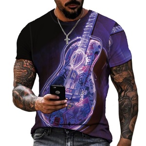 Camiseta de manga corta con estampado digital 3D para hombres europeos americanos, diseño informal de guitarra, algodón transpirable para verano para parejas - Product Image 2
