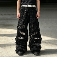Nouveau Jean Baggy Homme en Denim Délavé à Jambes Larges, Coupe Zippée et Détails Découpés, Style Streetwear Tendance et de Haute Qualité