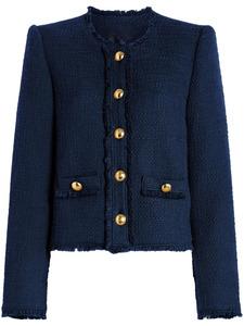 Veste en tweed texturé bleu marine personnalisée Leduo pour femmes - Blazer court à franges avec boutons dorés pour femmes - Product Image 2