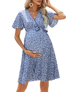 2024 personnalisé vente chaude robe enceinte col en V manches à volants maternité imprimé grande taille robe d'allaitement