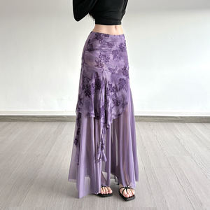Romantic Purple <b>Floral</b> Print Mesh Maxi <b>Skirt</b> Women Irregular Ruffle Hem Sheer Patchwork Vintage <b>Long</b> <b>Skirt</b> Elegant Style - Product Image 2