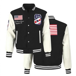 Chaqueta Varsity Negra para Hombre con Parche de Bandera Americana y Bordado de la Letra S, Estilo Preppy, Mezcla de Algodón y Poliéster, para Otoño - Product Image 1