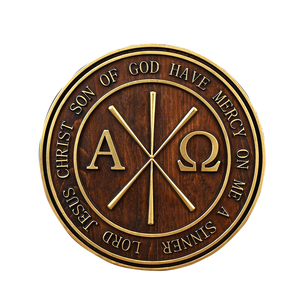 Targa Rotonda in Legno con Nome Sacro di Gesù Cristo, Simbolo Chi Rho Alfa e Omega, Arte Murale con Preghiera in Latino per Decorazione Chiesa - Product Image 1