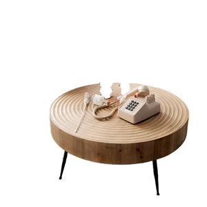 Modern Storage Option With Easy <b>Sliding</b> Style Movable Top Solid Acacia Wooden Round Shape With Metal Legs Center Coffee Table - Product Image 1