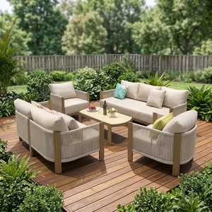 Ensemble de canapés de jardin en corde tressée pour l'extérieur, structure en bois de teck, mobilier de conversation pour patio, villa, hôtel, cour. - Product Image 2
