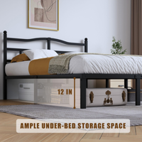 Cadre de lit en métal moderne, taille Queen, robuste, avec tête de lit, noir, sommier à lattes en acier, sans sommier à ressorts, pour chambre à coucher