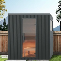 Sauna Traditionnel Extérieur Carré pour 2 à 8 Personnes, Vapeur Humide et Sèche, Infrarouge Lointain, Porte en Verre Panoramique