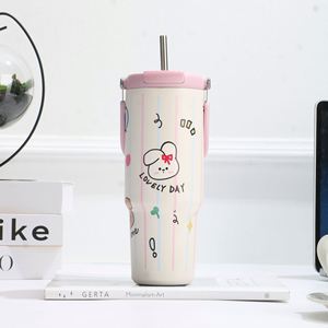 Gobelet isotherme en acier inoxydable imprimé motif chien et lapin Kawaii, avec sangle de transport et couvercle à paille, idéal pour étudiants, bureau, cadeau - Product Image 2