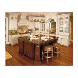 American Antique Style Cherry Wood Kitchen Cabinets with brown color big Island
