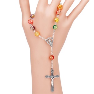 rose Acrylic beads Catholic rosary bracelet Cross jesus rosary <strong>beaded</strong> chain <strong>bracelt</strong> for kid women - Product Image 1