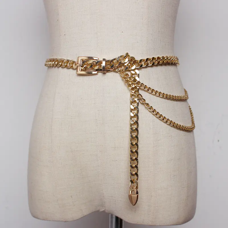 숙녀 패션 유명 브랜드 디자이너 성격 트렌드 다목적 드레스 장식 골드 금속 두꺼운 체인 허리 벨트