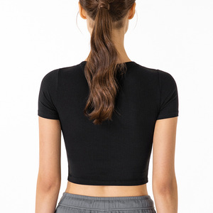 Wholesale Solid Color Women's Spring and Summer Short-sleeved T-Shirt Short Slim Sports Running Yoga <strong>Top</strong> <strong>Ladies</strong> Gym <strong>Top</strong> - Product Image 6