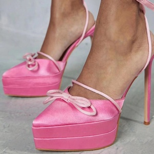 Sandales à plateforme pour femmes en satin avec nœud et lacets, talons aiguilles fins et hauts, bout pointu, escarpins sexy, chaussures d'été pour femmes - Product Image 5