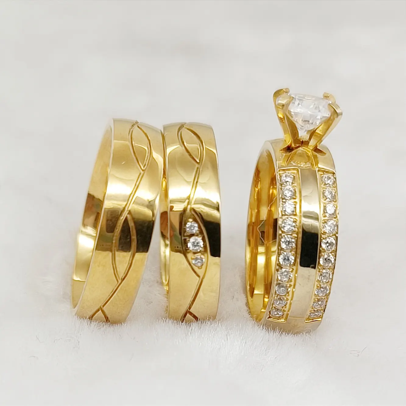 カスタムリアルソリッドAu585K14ゴールドファインジュエリーとストーンリングは、男性と女性のためのアライアンスの結婚式の婚約指輪セットを愛しています
