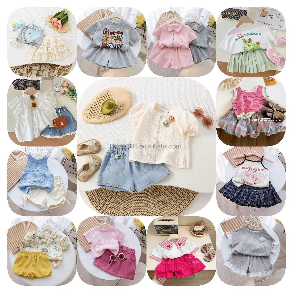 Hot Sale Summer Girls Clothing Set Stripe Ruffle Shoulder Top and Denim Shorts Pants Two Pieces Outfit